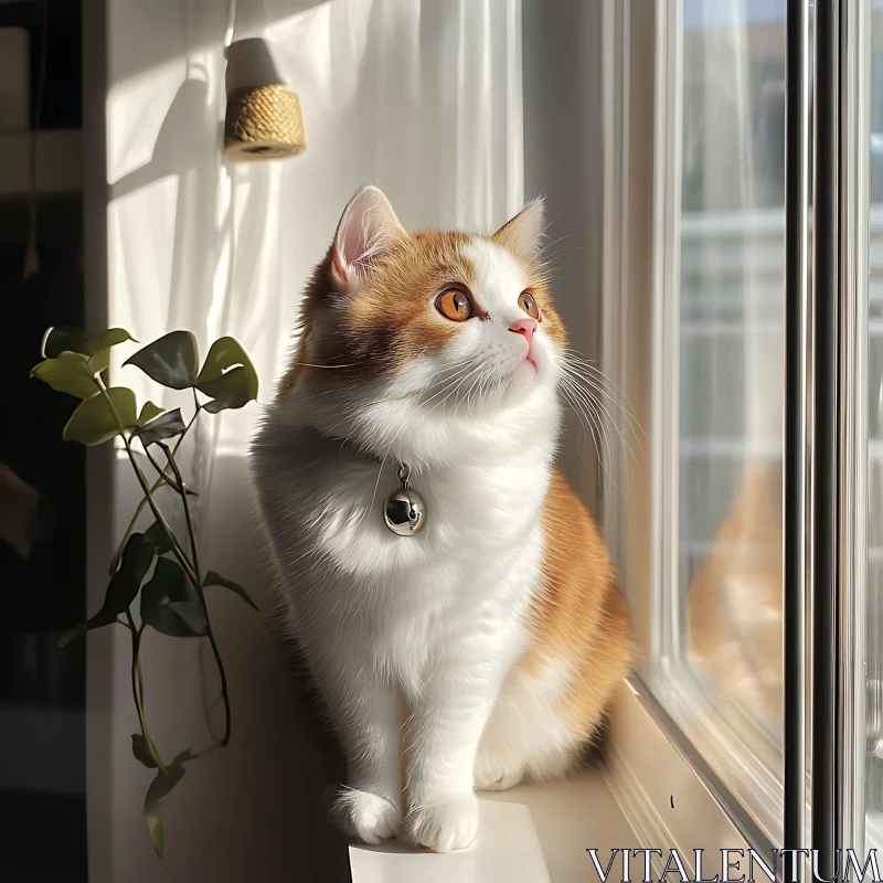 Sunlit Cat Staring out the Window AI Image