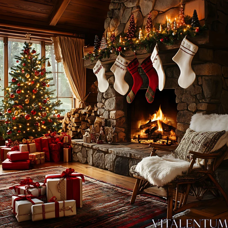 Festive Holiday Decor with Fireplace and Gifts AI Image