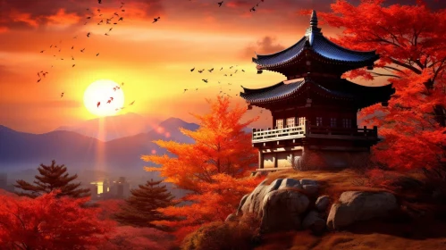 Asian Pagoda on Mountain in Autumn: A Breathtaking UHD Image