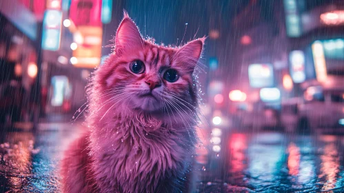 Rain-Soaked Cat in Urban Neon Night