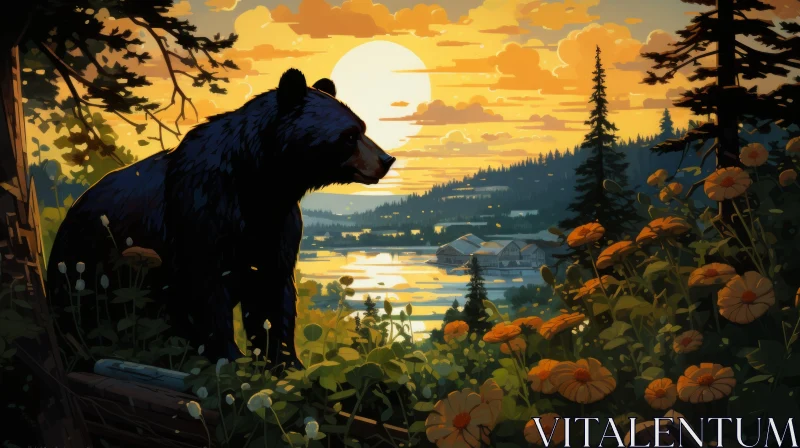 AI ART Black Bear Amidst Flowers at Sunset - Concept Art