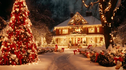 Illuminated Christmas House in Snow