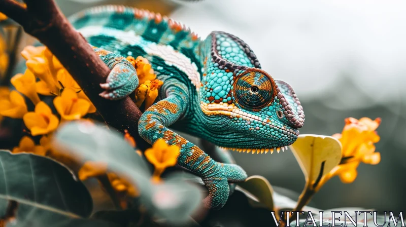 Close-up of a Green and Blue Chameleon on a Branch AI Image