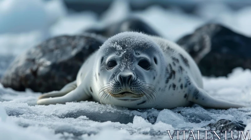 Close-up Photograph of a Serene Seal Pup on an Ice Floe AI Image