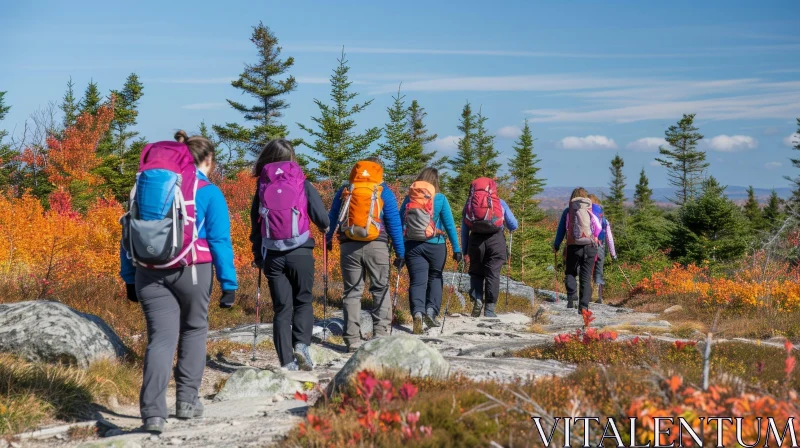 Colorful Women Backpackers Hiking in Mountain Forest AI Image