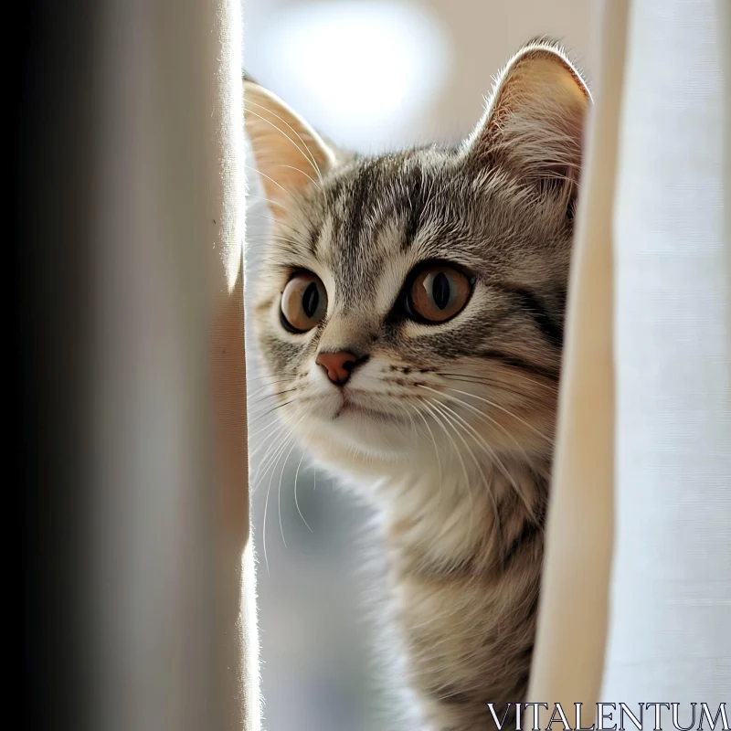 Inquisitive Kitten Gazing Between Curtains AI Image