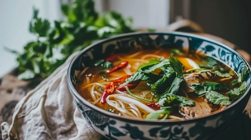 Delicious Vietnamese Pho Noodle Soup on Wooden Table
