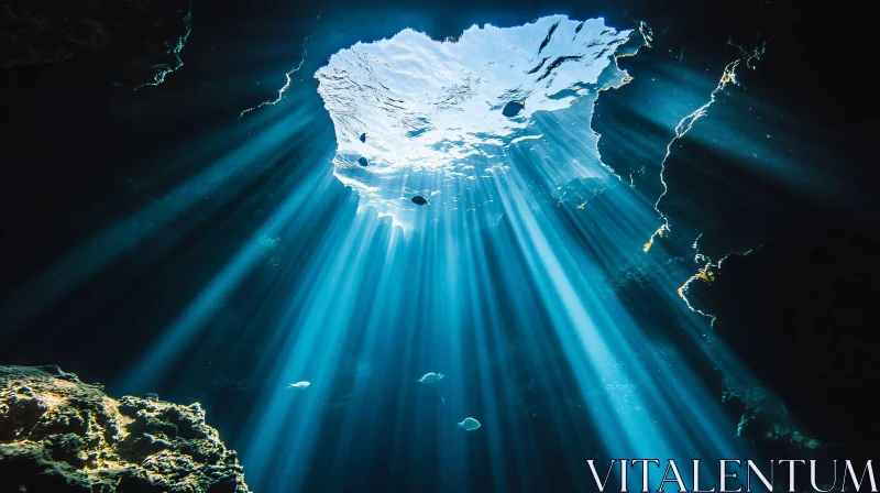 Sun Rays Illuminating Ocean Cave AI Image