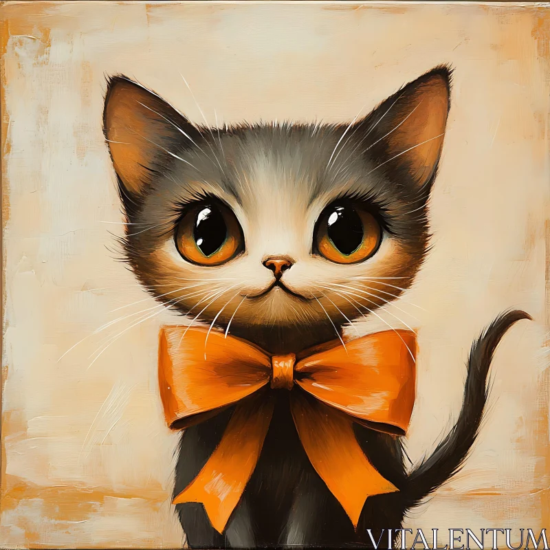 Cute Cat with Big Eyes and Orange Bow Image AI Image