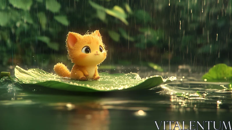 Precious Orange Kitten in Rainy Setting AI Image