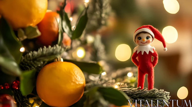 Elf Amidst Holiday Tree Decorations AI Image