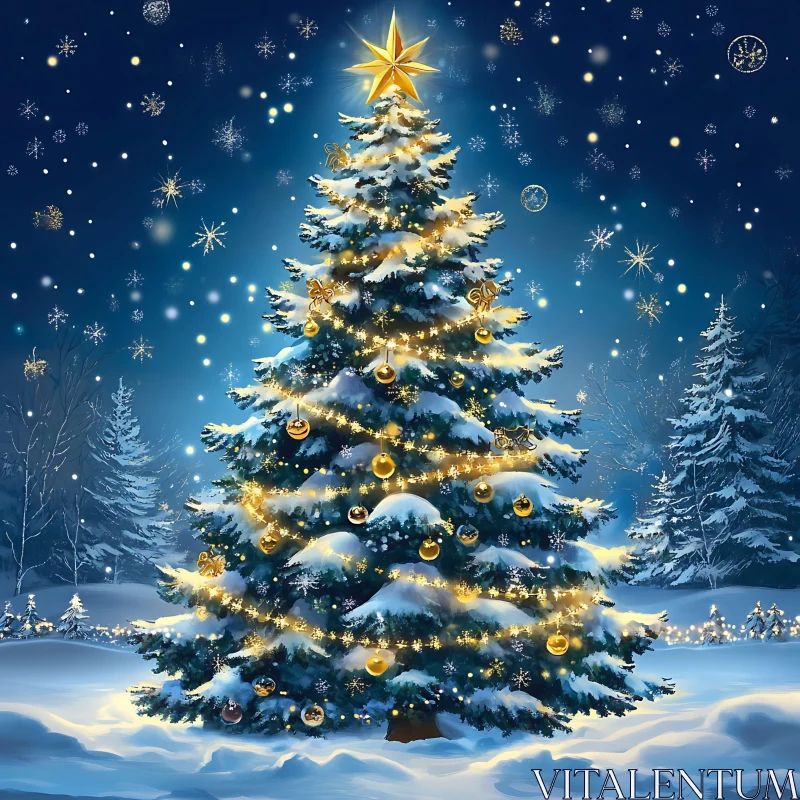 Magical Christmas Tree Under Snowy Night Sky AI Image