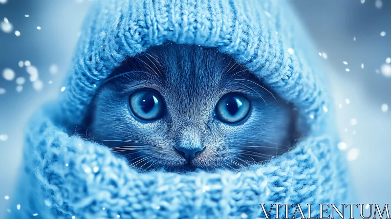 Cute Kitten In Blue Knitted Sweater AI Image