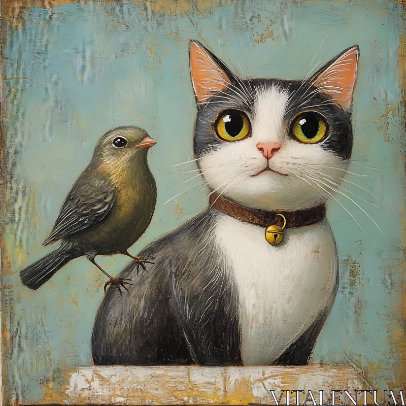 Cute Cat and Bird Companionship Drawing AI Image