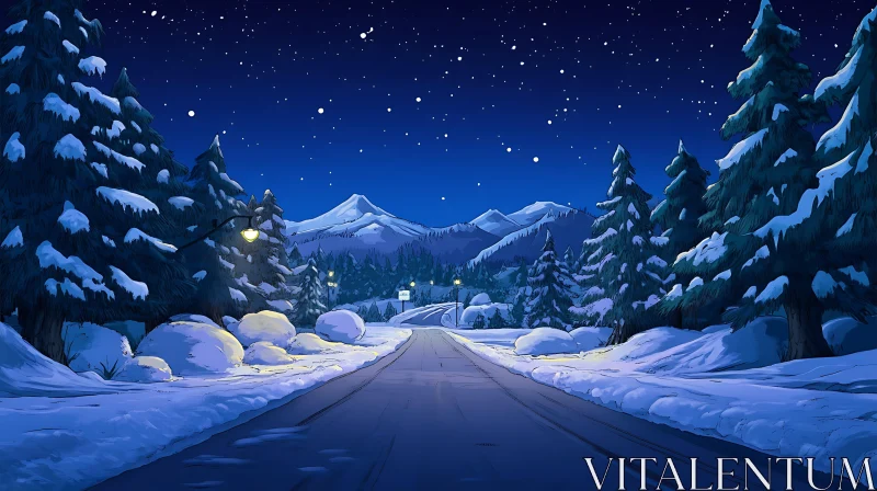 AI ART Tranquil Mountain Road Under Starry Sky