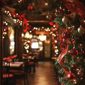 Cozy Restaurant with Holiday Ornaments and Lights