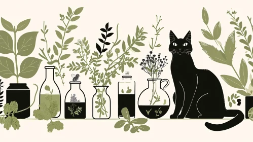 Enchanting Black Cat and Potions Illustration