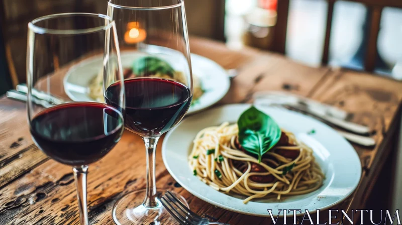 Exquisite Still Life: Wine Glasses and Pasta on a Wooden Table AI Image