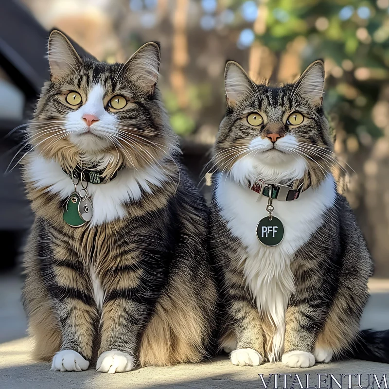 Yellow-Eyed Fluffy Tabby Cats Wearing Collars AI Image