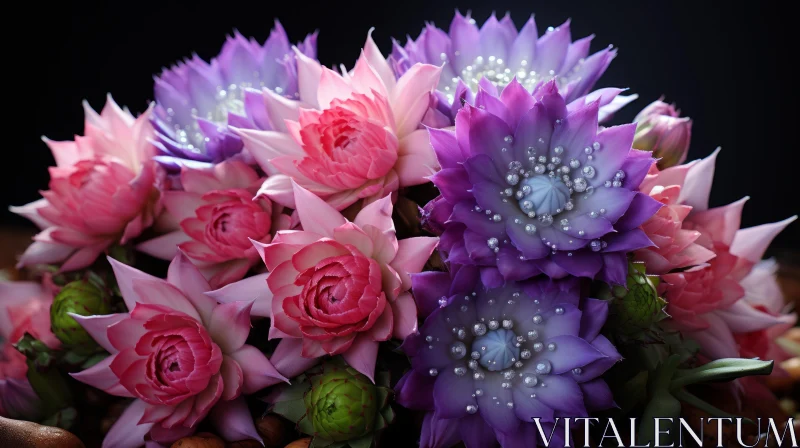 Intricate Beadwork of Pink and Purple Flowers: A Close-Up Masterpiece AI Image