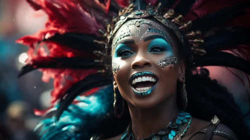 Joyful Carnival Woman in Vibrant Makeup and Feathers