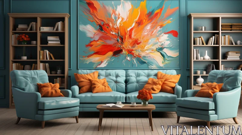 AI ART Modern Living Room Decor with Abstract Painting and Blue Sofa