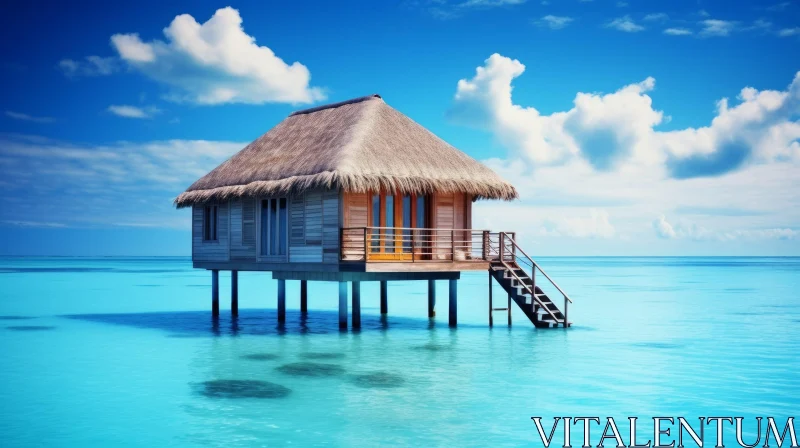 Romantic Thatched Hut Floating on the Ocean | Aquamarine and Amber AI Image