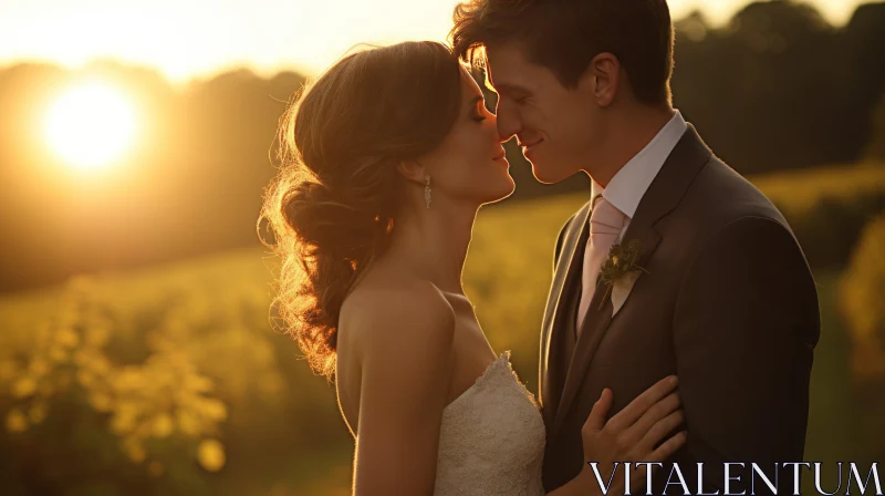 AI ART Romantic Wedding Kiss in Vineyard at Sunset