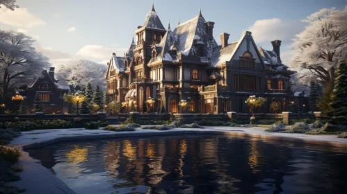 Winter Villa in Gothic Revival Style: A Hyper-Detailed and Luxurious Rendering