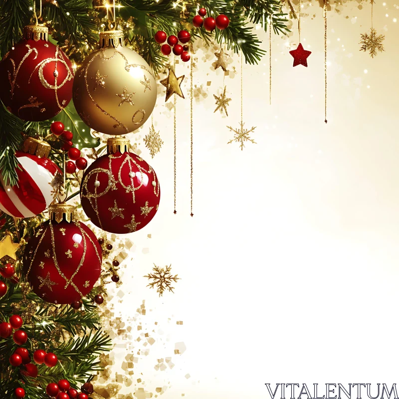 Festive Christmas Decorations with Gold and Red Baubles AI Image