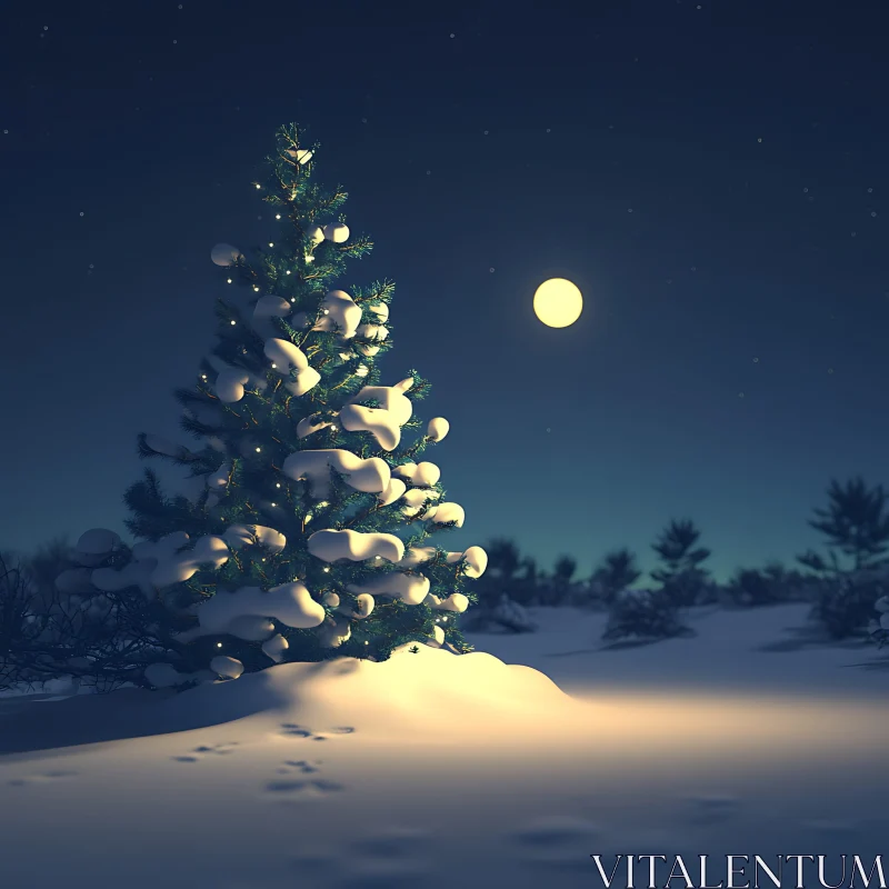 Pine Tree Illuminated by Moonlight in Winter Night AI Image