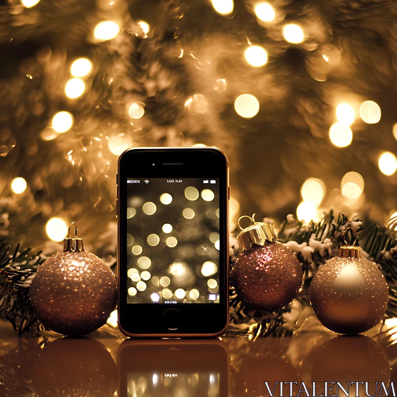 Christmas Ornaments and Smartphone Highlighting Bokeh Effect AI Image