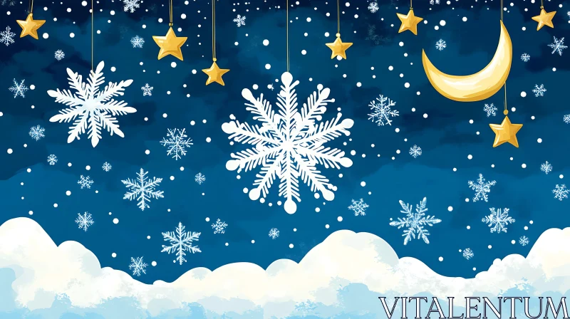 AI ART Serene Night Sky with Snowflakes and Crescent Moon