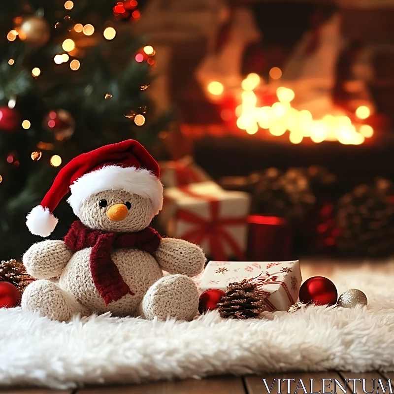 Knitted Snowman by the Christmas Tree and Fireplace AI Image