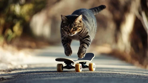 Cat Performing a Skateboard Trick on a Sunny Path