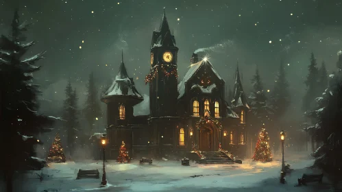 Festively Decorated House with Clock Tower