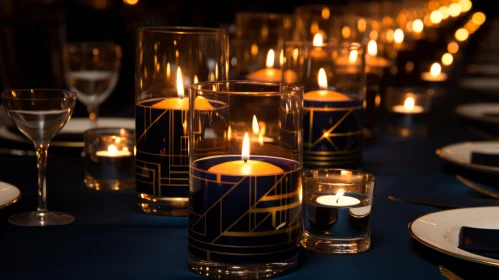 Art Deco-Inspired Dining Decor in Gold and Dark Sky-Blue