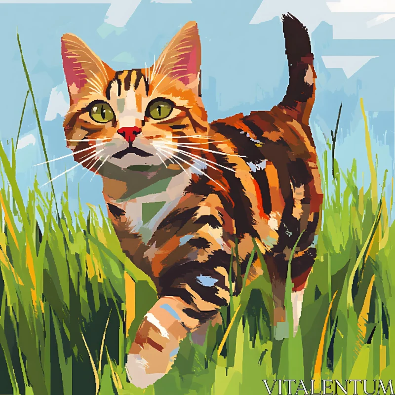 Colorful Cat Strolling Through Grass AI Image