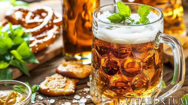 AI ART Close-Up Image of Beer with Pretzels and Mustard on Wooden Table