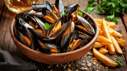 Delicious Food Photography: Bowl of Mussels with French Fries