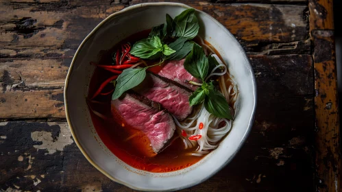 Delicious Vietnamese Beef Noodle Soup in a White Bowl on a Wooden Table