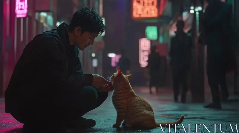 Urban Night Scene with Man and Cat AI Image