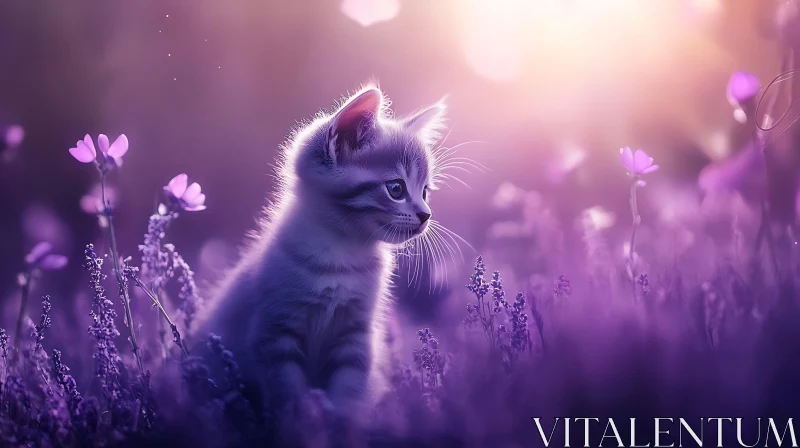 Kitten in Sunlit Purple Flower Field AI Image