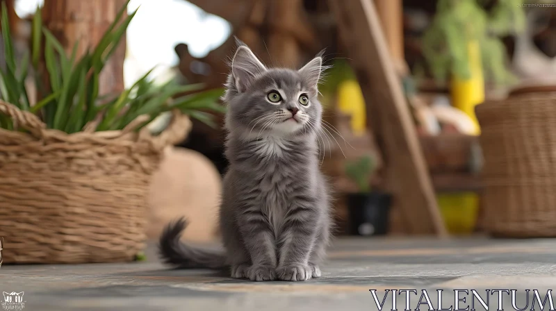 AI ART Charming Young Grey Kitten in a Rustic Indoor Setting