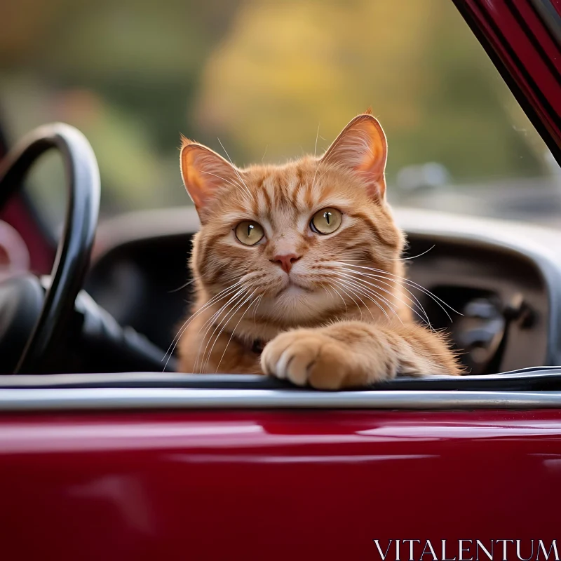 Adorable Ginger Cat in Red Car AI Image