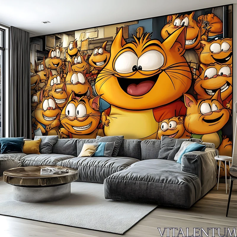 Luxury Living Room with Cartoon Cat Wall Mural AI Image