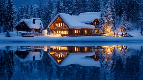 Snowy Forest Cabin with Golden Reflections