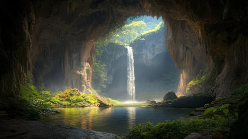 Hidden Waterfall Oasis in a Sunlit Cave