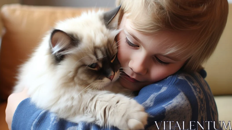 Joyful Moment: Young Girl Hugging White Cat AI Image