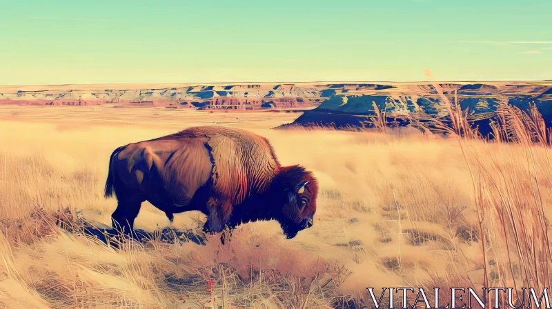 Majestic Bison in a Field of Tall Grass - Nature Painting AI Image